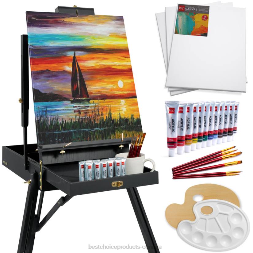 4LT21032 Black Best Choice Products Portable Wooden French Easel w/ 32pc Beginners Kit