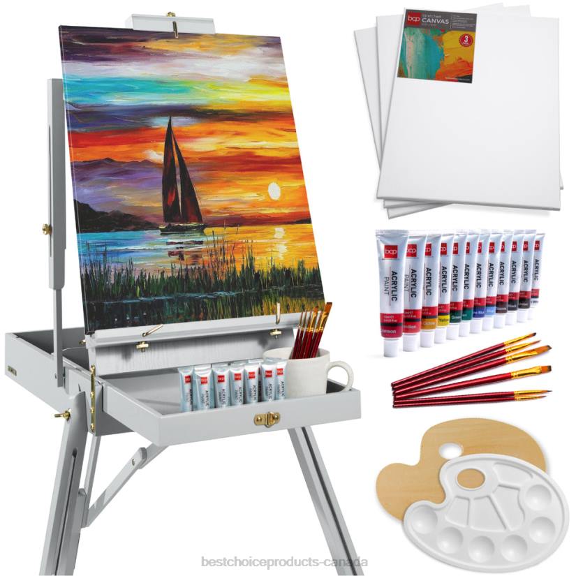 4LT21034 Gray Best Choice Products Portable Wooden French Easel w/ 32pc Beginners Kit