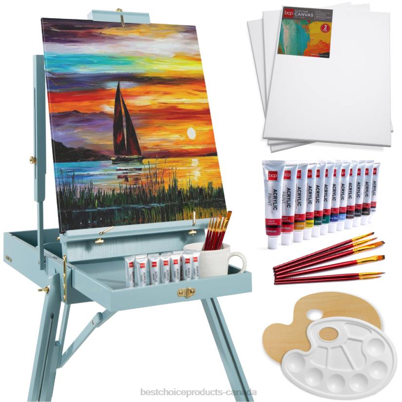 4LT21035 Blue Best Choice Products Portable Wooden French Easel w/ 32pc Beginners Kit