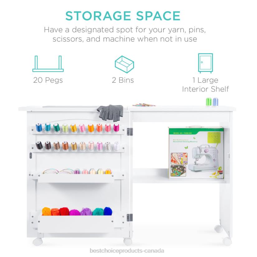 4LT21078 White Best Choice Products Folding Sewing Table Multipurpose Craft Station & Side Table w/ Wheels