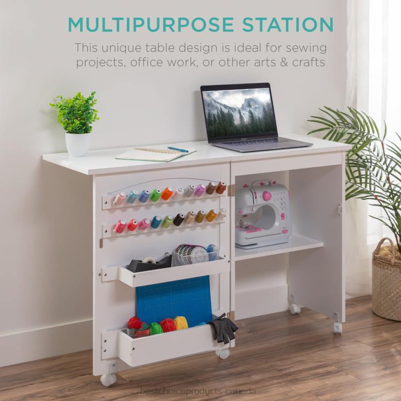 4LT21078 White Best Choice Products Folding Sewing Table Multipurpose Craft Station & Side Table w/ Wheels