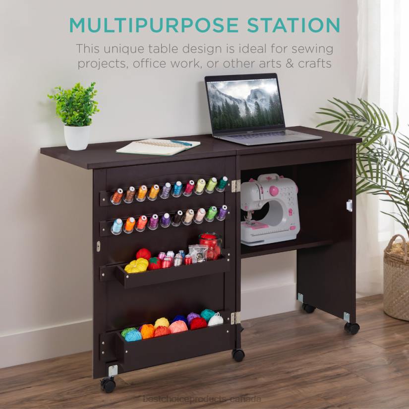 4LT21079 Espresso Best Choice Products Folding Sewing Table Multipurpose Craft Station & Side Table w/ Wheels