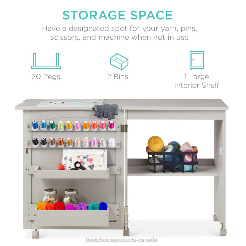 4LT21080 Gray Best Choice Products Folding Sewing Table Multipurpose Craft Station & Side Table w/ Wheels