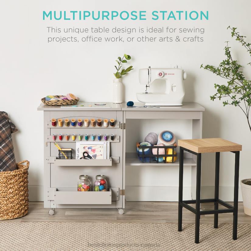 4LT21080 Gray Best Choice Products Folding Sewing Table Multipurpose Craft Station & Side Table w/ Wheels