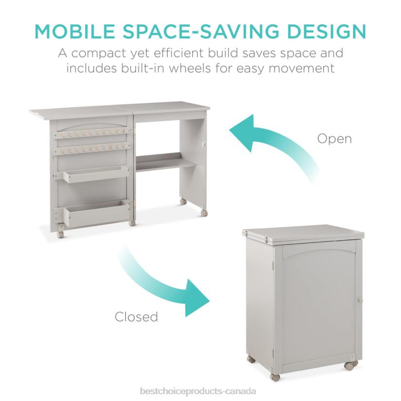 4LT21080 Gray Best Choice Products Folding Sewing Table Multipurpose Craft Station & Side Table w/ Wheels
