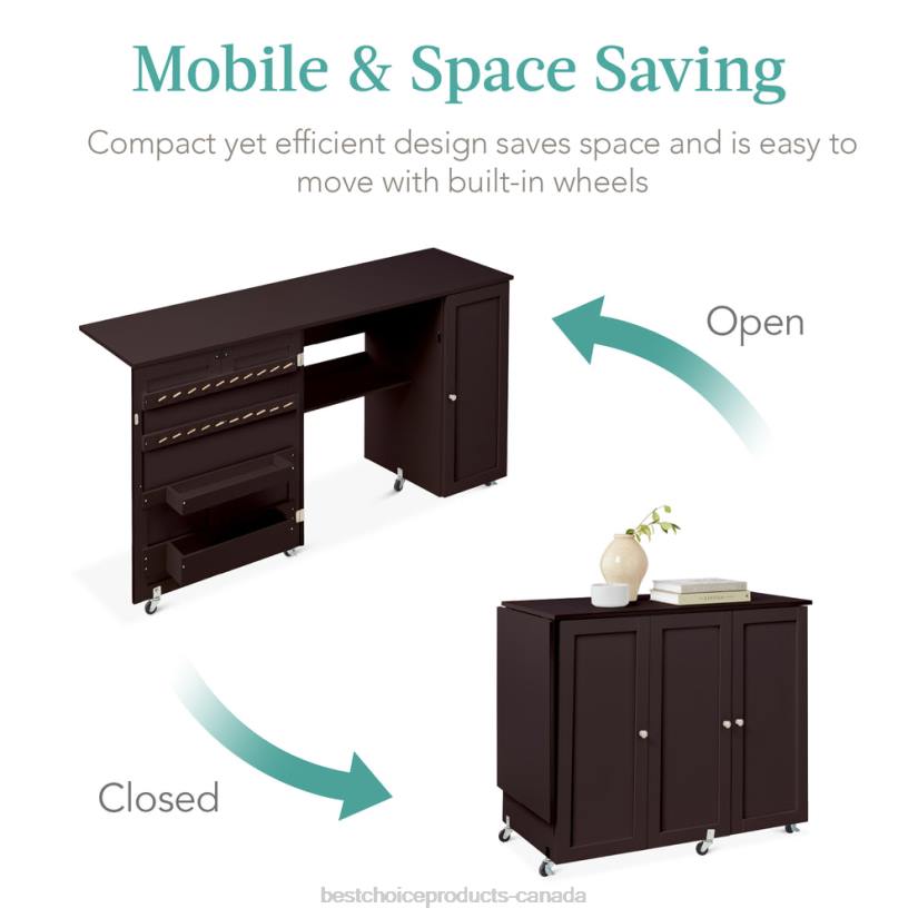 4LT21147 Brown Best Choice Products Large Portable Folding Sewing Table Multipurpose Craft Station w/ Wheels