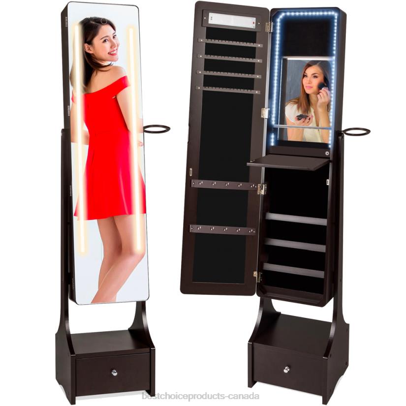 4LT21183 Brown Best Choice Products Standing Full Length LED Mirror Jewelry Armoire w/Interior & Exterior Lights