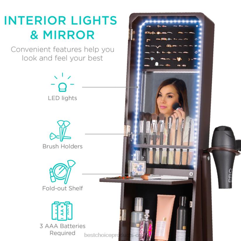 4LT21183 Brown Best Choice Products Standing Full Length LED Mirror Jewelry Armoire w/Interior & Exterior Lights