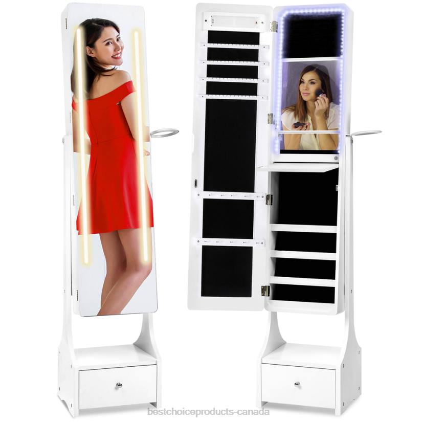 4LT21184 White Best Choice Products Standing Full Length LED Mirror Jewelry Armoire w/Interior & Exterior Lights