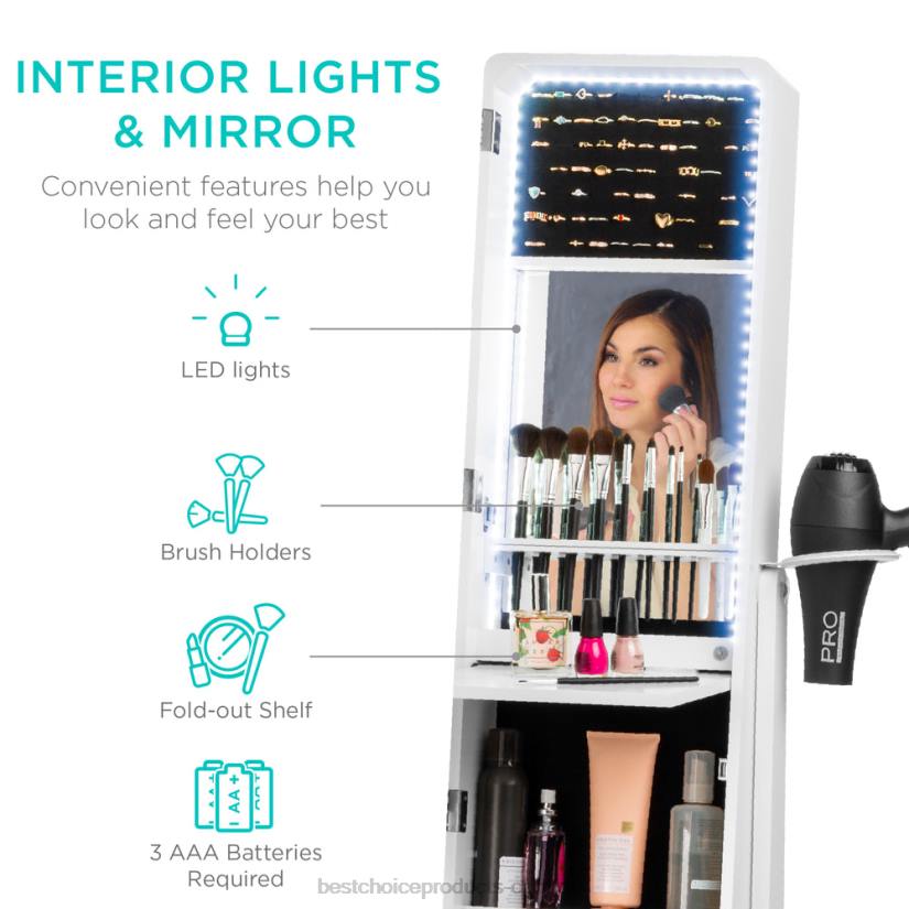 4LT21184 White Best Choice Products Standing Full Length LED Mirror Jewelry Armoire w/Interior & Exterior Lights
