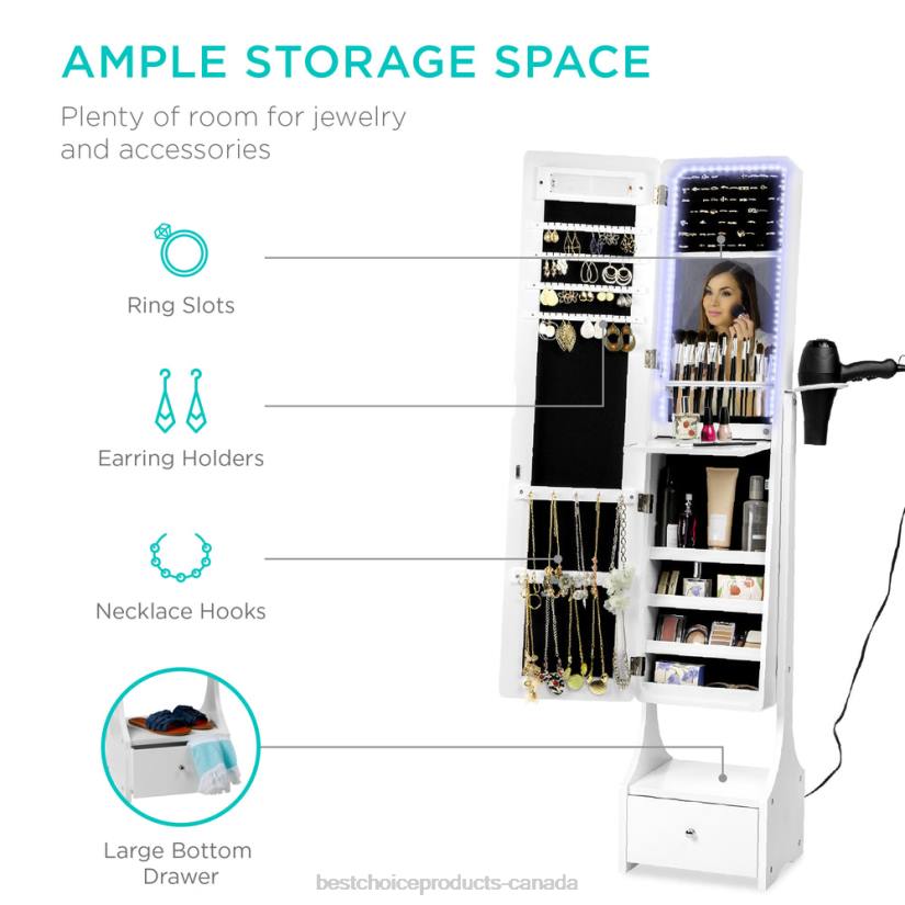 4LT21184 White Best Choice Products Standing Full Length LED Mirror Jewelry Armoire w/Interior & Exterior Lights
