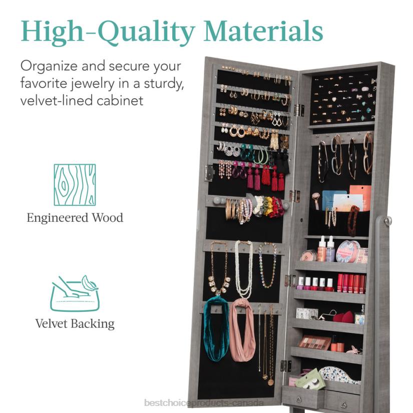 4LT21198 Gray Oak Best Choice Products Full Length Freestanding Jewelry Mirror Armoire w/ Velvet Interior