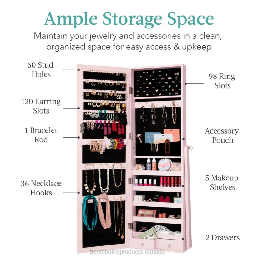 4LT21199 Dusty Pink Best Choice Products Full Length Freestanding Jewelry Mirror Armoire w/ Velvet Interior