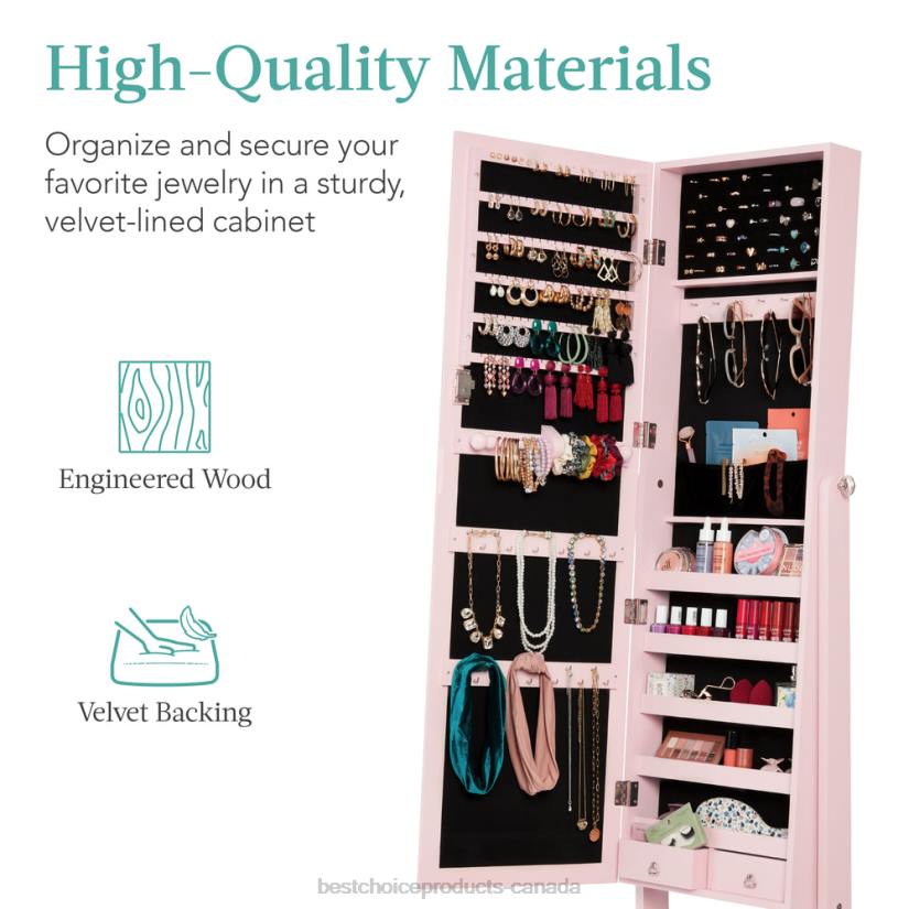 4LT21199 Dusty Pink Best Choice Products Full Length Freestanding Jewelry Mirror Armoire w/ Velvet Interior