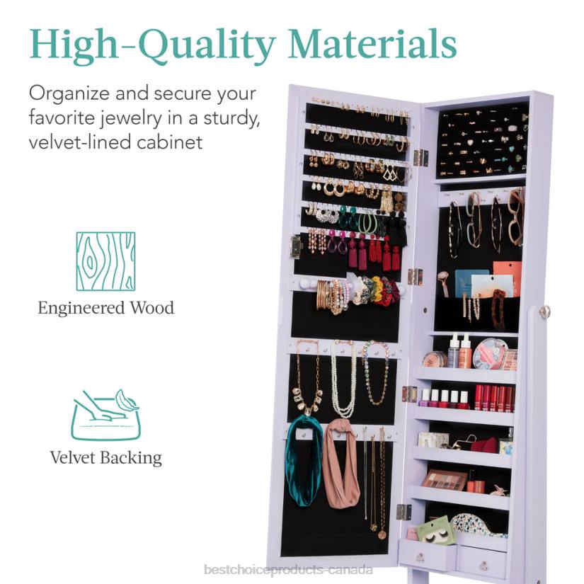 4LT21200 Lavender Best Choice Products Full Length Freestanding Jewelry Mirror Armoire w/ Velvet Interior