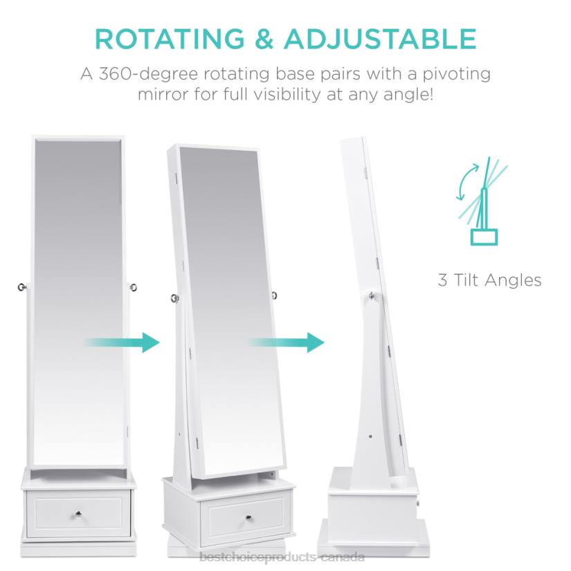 4LT21234 White Best Choice Products 360 Swivel Mirrored Jewelry Cabinet Armoire w/ LED Lights, Mirror