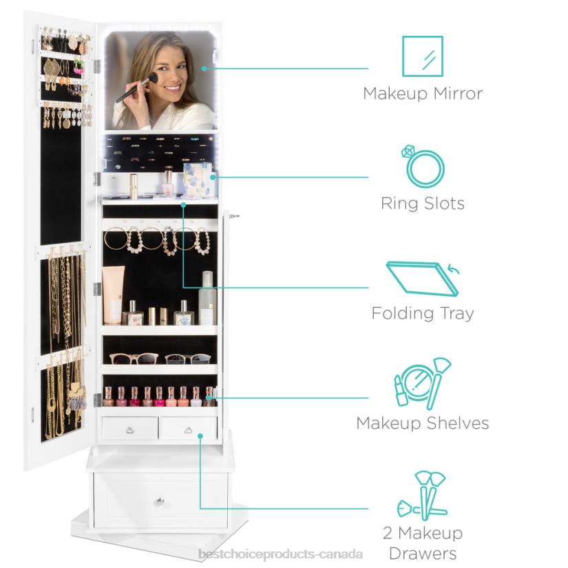 4LT21234 White Best Choice Products 360 Swivel Mirrored Jewelry Cabinet Armoire w/ LED Lights, Mirror