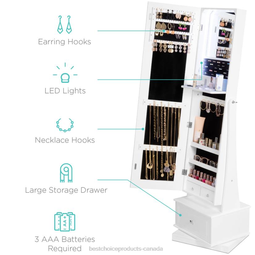 4LT21234 White Best Choice Products 360 Swivel Mirrored Jewelry Cabinet Armoire w/ LED Lights, Mirror