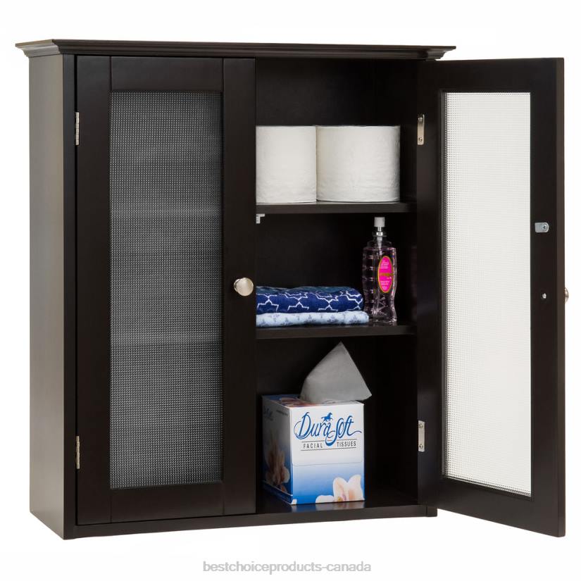4LT21282 Brown Best Choice Products Bathroom Wall Storage Medicine Cabinet w/ Tempered Glass Double Doors