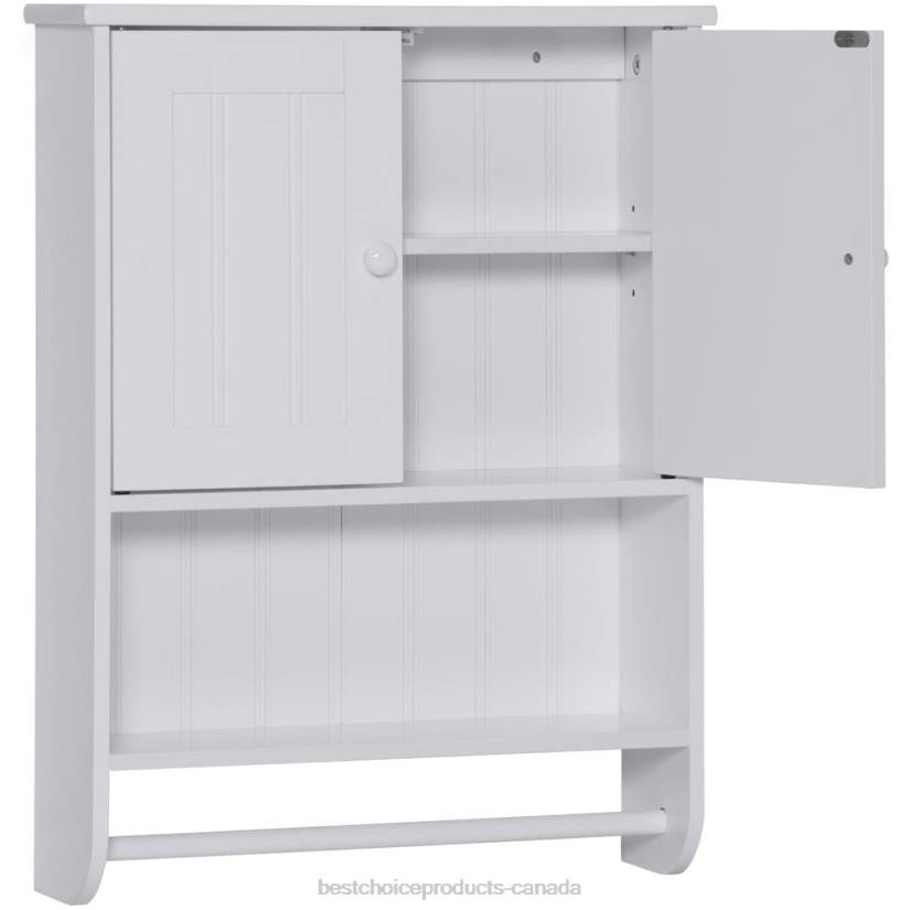 4LT21284 White Best Choice Products Bathroom Wall Storage Organization Cabinet w/ Double Doors, Towel Bar