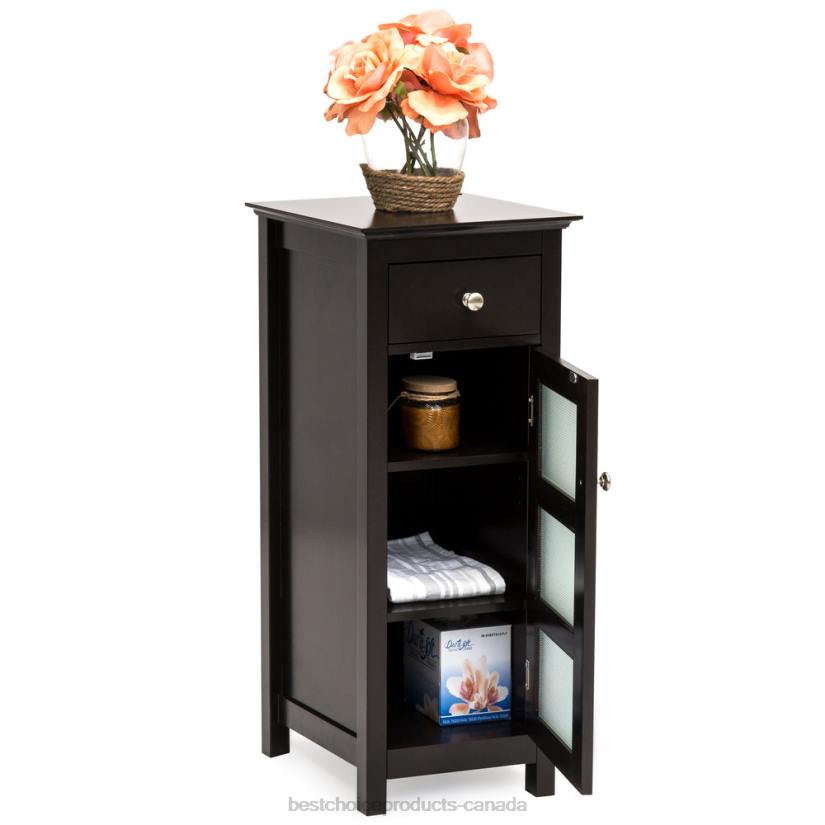 4LT21293 Espresso Brown Best Choice Products Bathroom Storage Floor Cabinet w/ 3 Shelves, Tempered Glass Double Doors