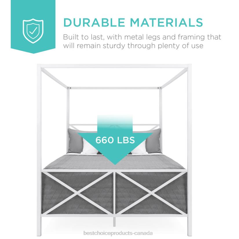 4LT21300 White Best Choice Products 4-Post Queen Size Modern Metal Canopy Bed Frame w/ Headboard, Footboard