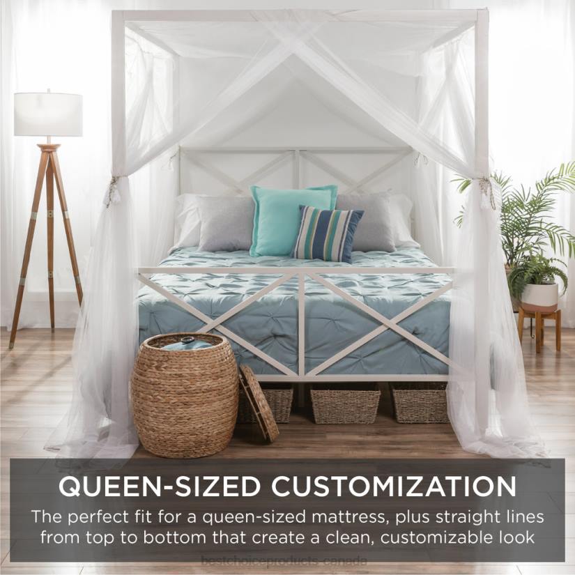 4LT21300 White Best Choice Products 4-Post Queen Size Modern Metal Canopy Bed Frame w/ Headboard, Footboard
