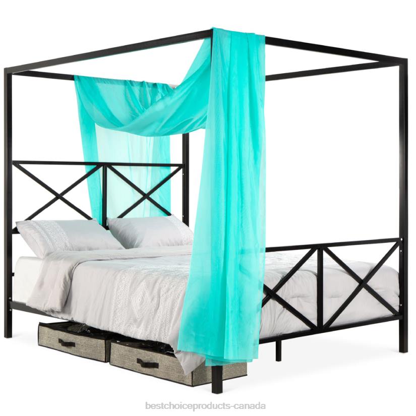 4LT21300 White Best Choice Products 4-Post Queen Size Modern Metal Canopy Bed Frame w/ Headboard, Footboard