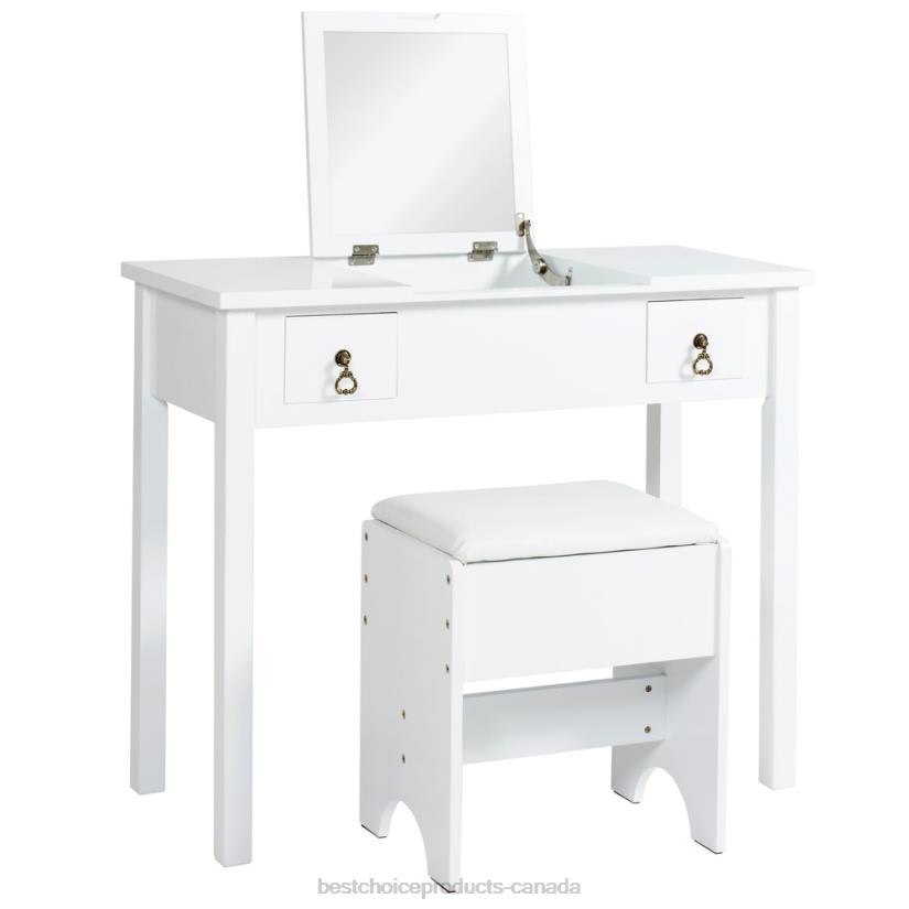 4LT21303 White Best Choice Products Bathroom Vanity Table Set w/ Square Mirror, Stool
