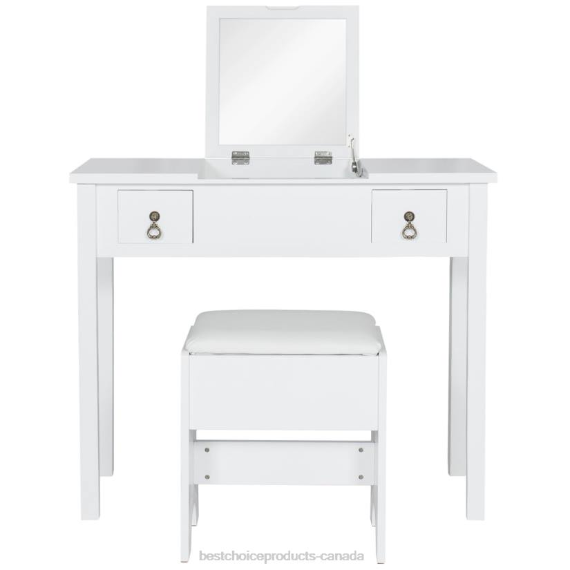 4LT21303 White Best Choice Products Bathroom Vanity Table Set w/ Square Mirror, Stool
