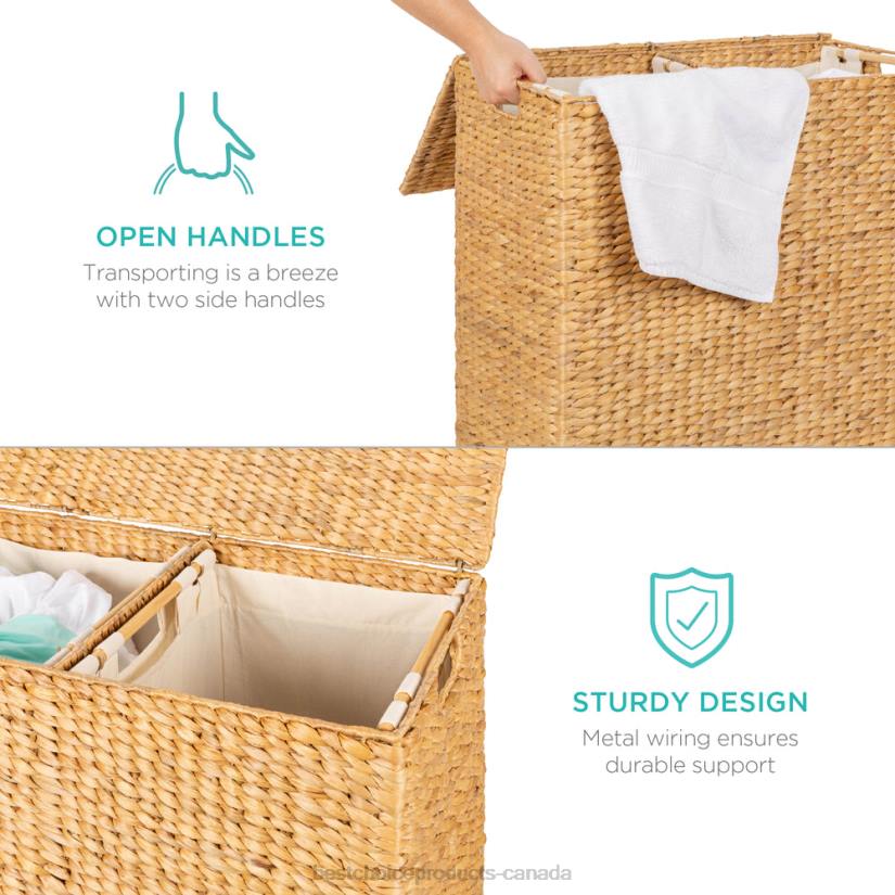 4LT2348 Brown Best Choice Products Extra Large Water Hyacinth Double Laundry Hamper Basket w/ 2 Liner Bags