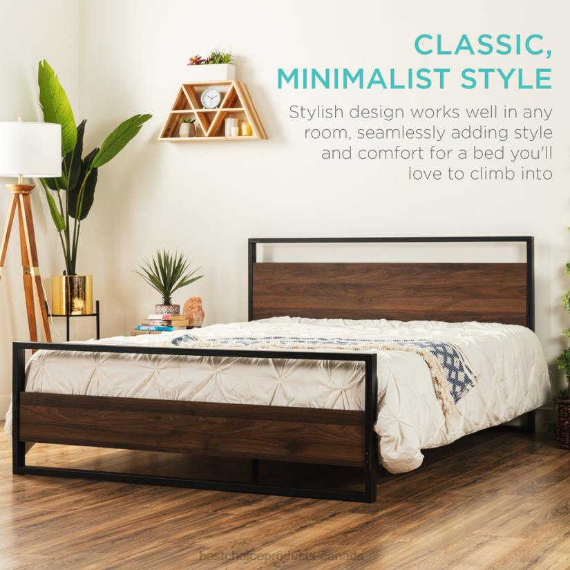 4LT2350 Black/Brown Best Choice Products Metal Wood Platform Queen Bed Frame w/ Wooden Slats