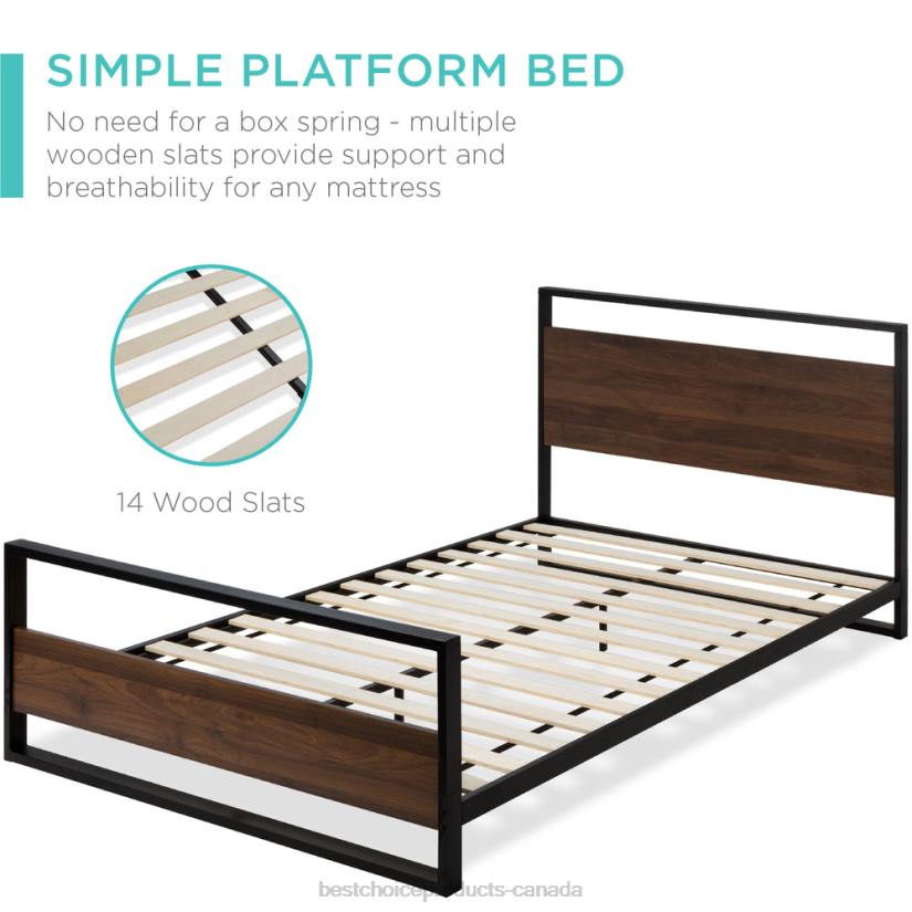 4LT2350 Black/Brown Best Choice Products Metal Wood Platform Queen Bed Frame w/ Wooden Slats