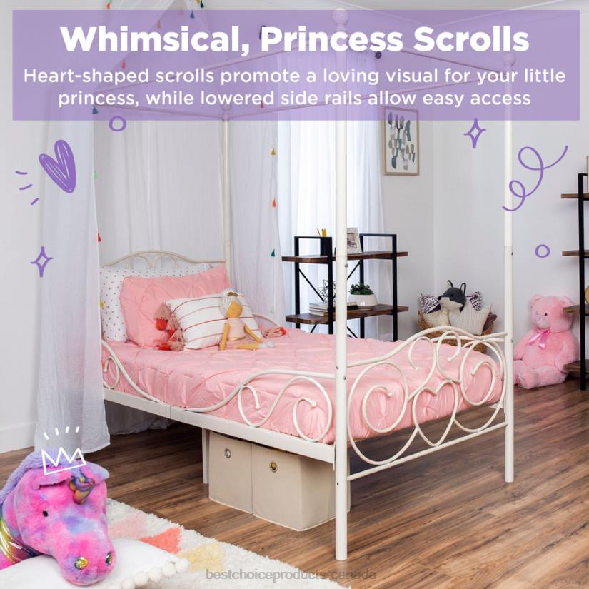 4LT2361 White Best Choice Products Classic 4-Post Metal Canopy Twin Bed Frame w/ Heart Scroll Design
