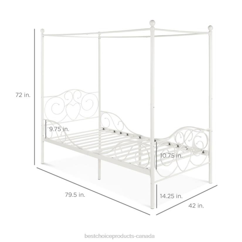 4LT2361 White Best Choice Products Classic 4-Post Metal Canopy Twin Bed Frame w/ Heart Scroll Design