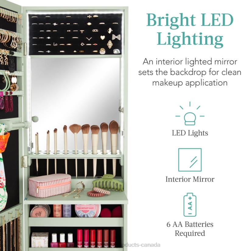 4LT2598 Sage Best Choice Products Door/Wall Mount Mirror Jewelry Cabinet Armoire w/ Inside Mirror, LED Lights