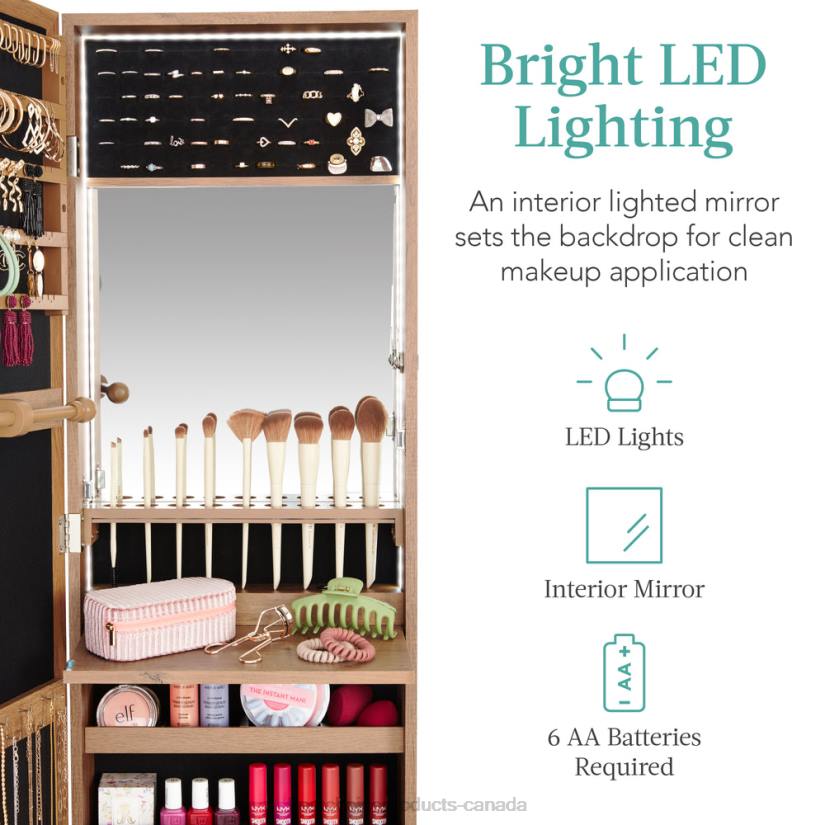 4LT2601 Rustic Brown Best Choice Products Door/Wall Mount Mirror Jewelry Cabinet Armoire w/ Inside Mirror, LED Lights
