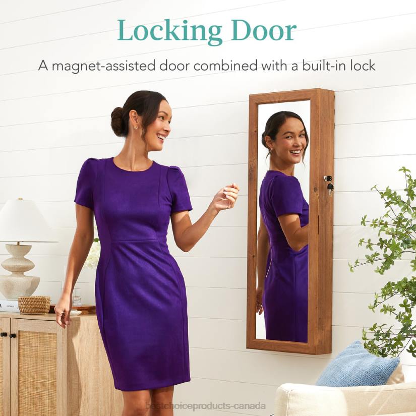 4LT2601 Rustic Brown Best Choice Products Door/Wall Mount Mirror Jewelry Cabinet Armoire w/ Inside Mirror, LED Lights