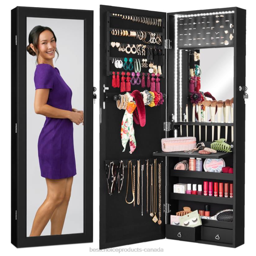 4LT2602 Black Best Choice Products Door/Wall Mount Mirror Jewelry Cabinet Armoire w/ Inside Mirror, LED Lights