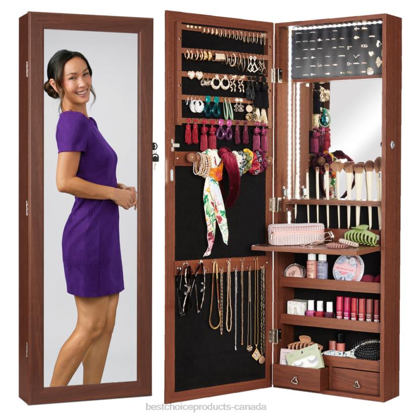 4LT2603 Walnut Best Choice Products Door/Wall Mount Mirror Jewelry Cabinet Armoire w/ Inside Mirror, LED Lights