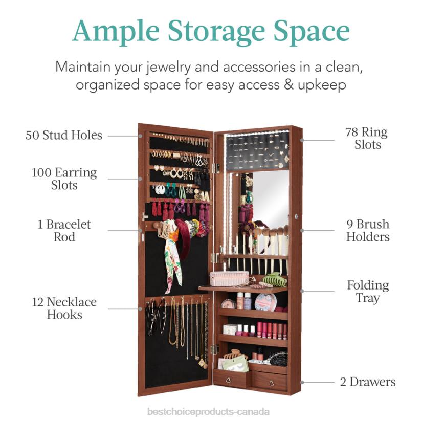 4LT2603 Walnut Best Choice Products Door/Wall Mount Mirror Jewelry Cabinet Armoire w/ Inside Mirror, LED Lights