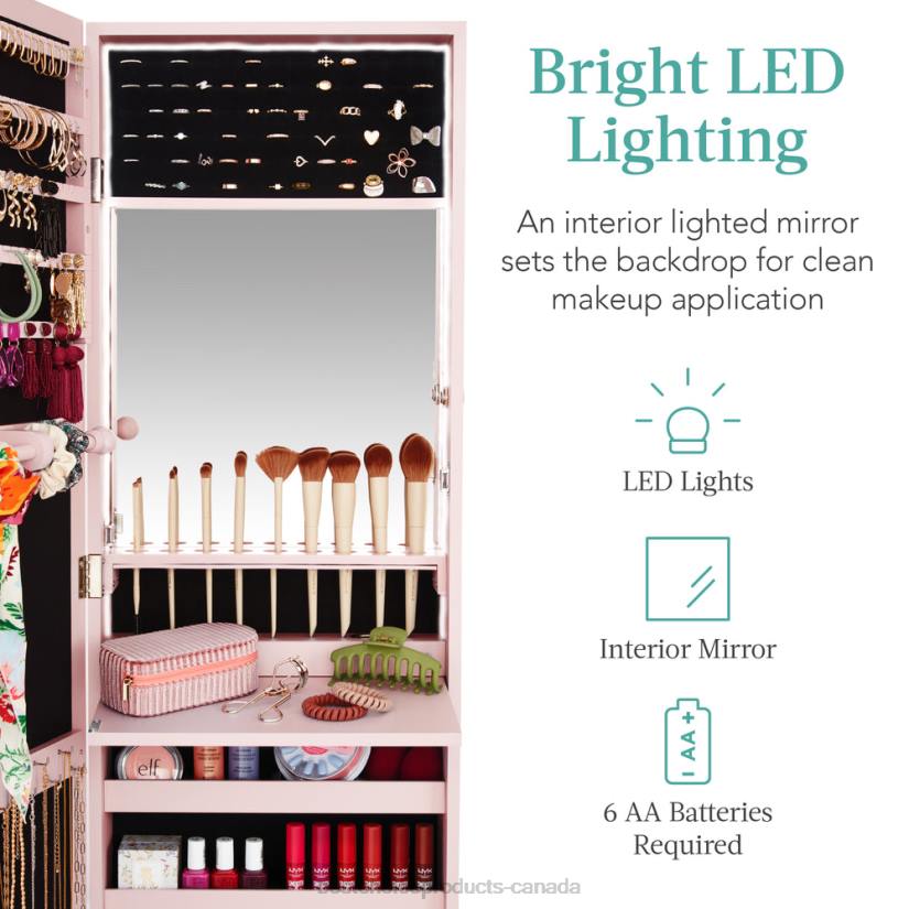 4LT2604 Dusty Pink Best Choice Products Door/Wall Mount Mirror Jewelry Cabinet Armoire w/ Inside Mirror, LED Lights