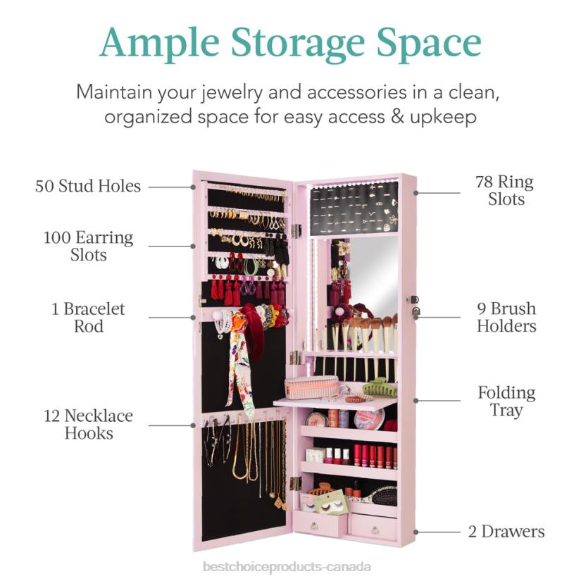 4LT2604 Dusty Pink Best Choice Products Door/Wall Mount Mirror Jewelry Cabinet Armoire w/ Inside Mirror, LED Lights