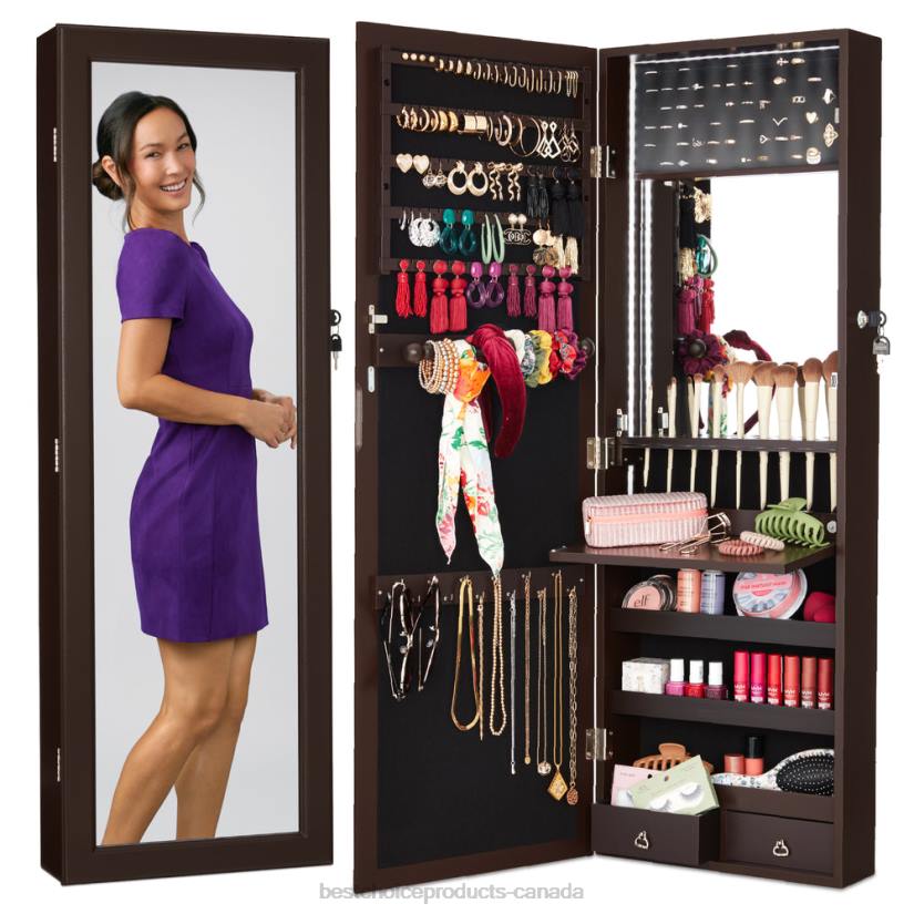 4LT2605 Espresso Best Choice Products Door/Wall Mount Mirror Jewelry Cabinet Armoire w/ Inside Mirror, LED Lights