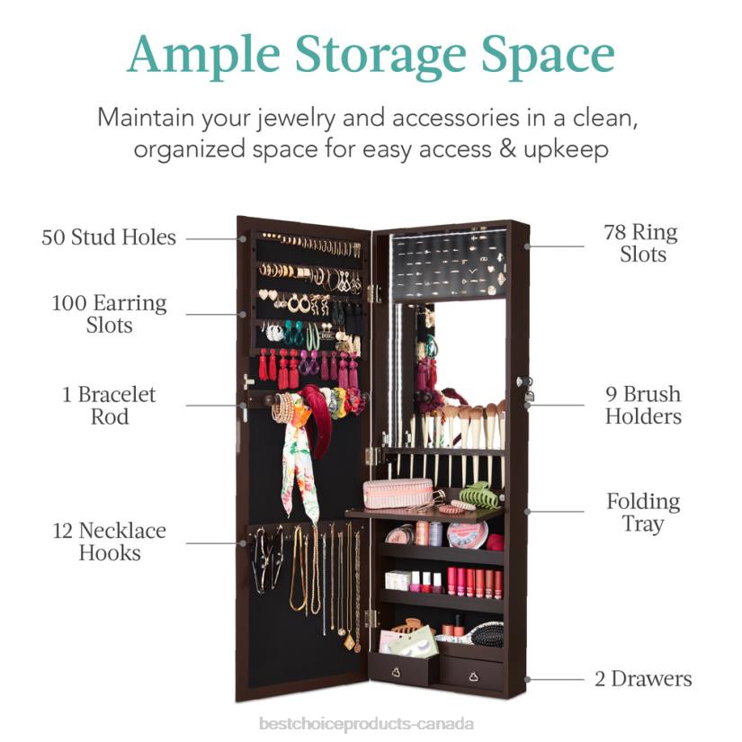 4LT2605 Espresso Best Choice Products Door/Wall Mount Mirror Jewelry Cabinet Armoire w/ Inside Mirror, LED Lights