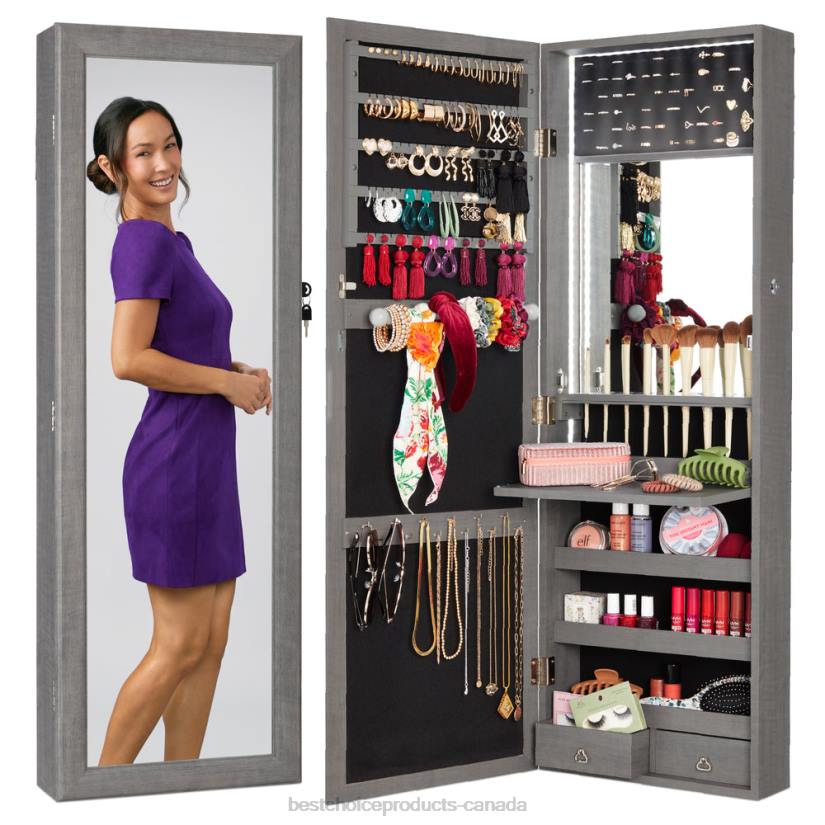 4LT2606 Gray Oak Best Choice Products Door/Wall Mount Mirror Jewelry Cabinet Armoire w/ Inside Mirror, LED Lights