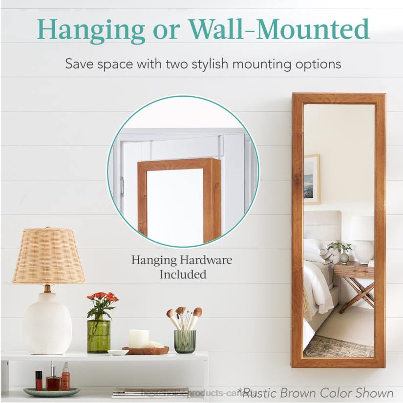 4LT2606 Gray Oak Best Choice Products Door/Wall Mount Mirror Jewelry Cabinet Armoire w/ Inside Mirror, LED Lights