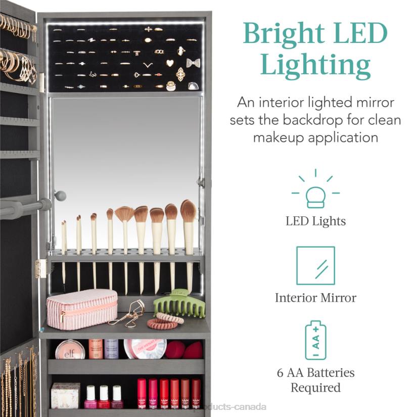 4LT2606 Gray Oak Best Choice Products Door/Wall Mount Mirror Jewelry Cabinet Armoire w/ Inside Mirror, LED Lights