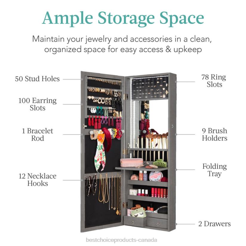 4LT2606 Gray Oak Best Choice Products Door/Wall Mount Mirror Jewelry Cabinet Armoire w/ Inside Mirror, LED Lights