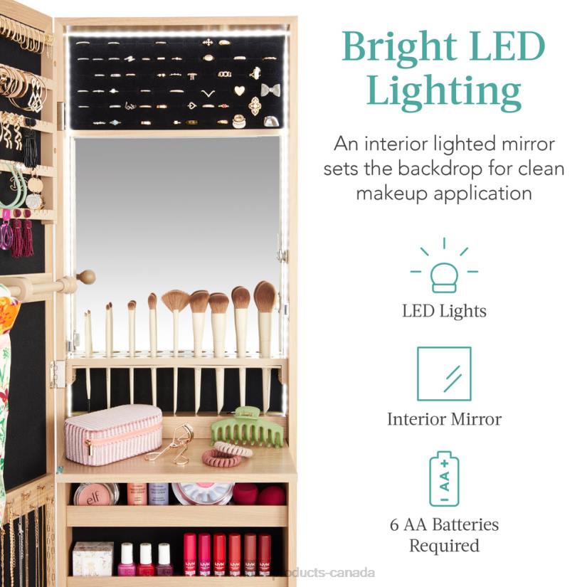 4LT2607 Natural Oak Best Choice Products Door/Wall Mount Mirror Jewelry Cabinet Armoire w/ Inside Mirror, LED Lights